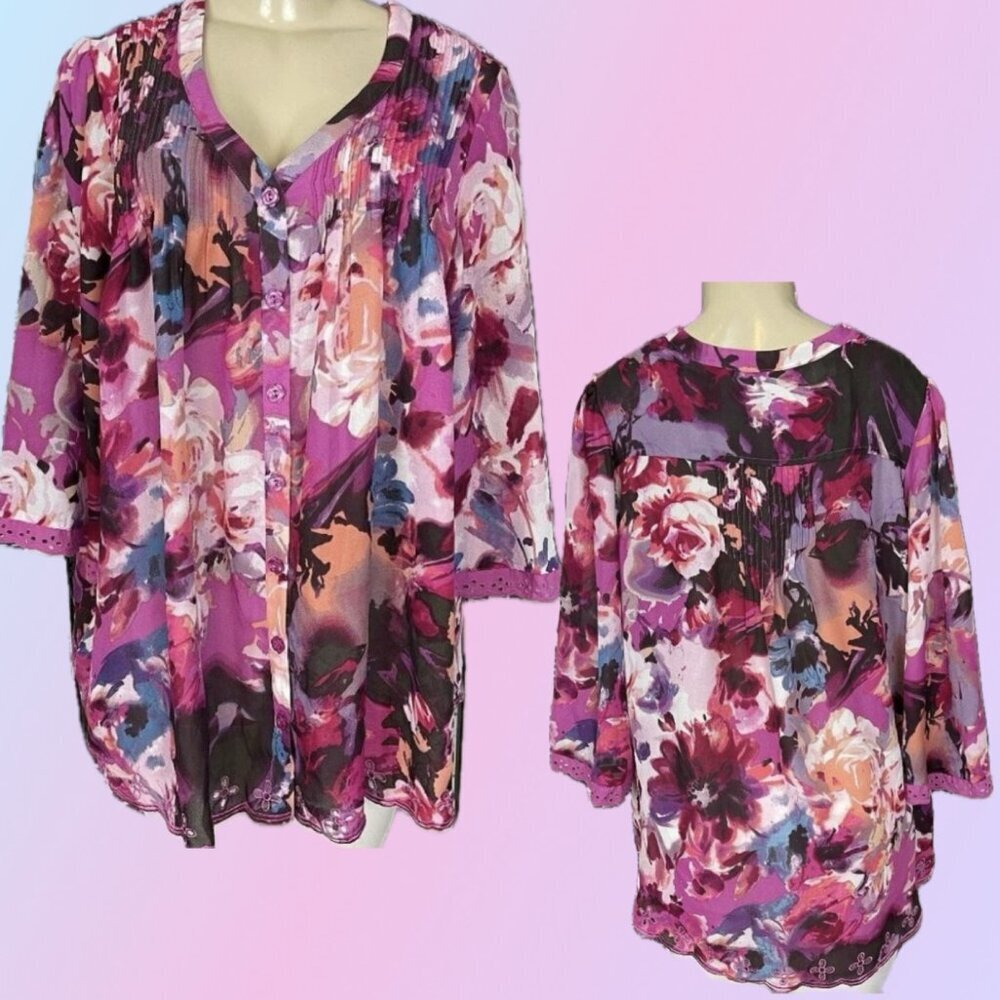 Denim 24/7 16W Pink Fuchsia Floral Button Down Pin-Tuck Detail 3/4 Sleeve Blouse